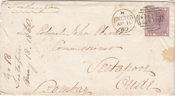 144022 1860 MAIL EXETER TO BOMBAY 6d (SG68), WAFER SEAL ON REVERSE.