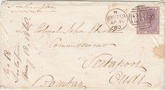 144022 1860 MAIL EXETER TO BOMBAY 6d (SG68), WAFER SEAL ON REVERSE.