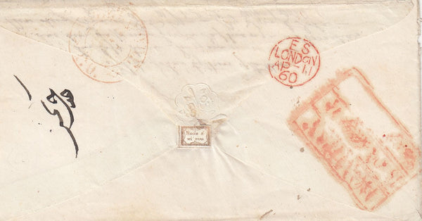 144022 1860 MAIL EXETER TO BOMBAY 6d (SG68), WAFER SEAL ON REVERSE.