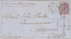 144023 1860 MAIL EXETER TO BOMBAY 6d LILAC (SG68), WAFER SEAL ON REVERSE.