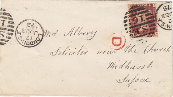 144025 1873 MAIL LONDON TO MIDHURST, SUSSEX 1d PL.161 (SG43) 'D' INSPECTOR'S MARK.