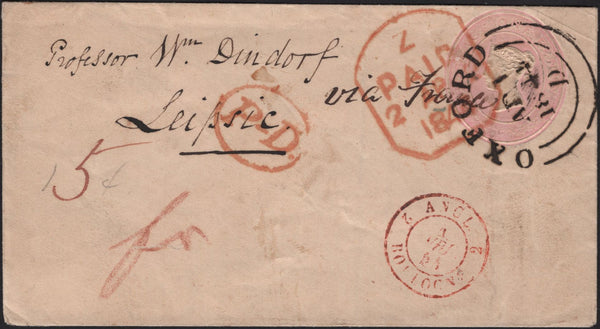 144027 1844 PENNY PINK OXFORD TO LIEPSIC (LEIPZIG) GERMANY CANCELLED 'OXFORD'  DATE STAMP.