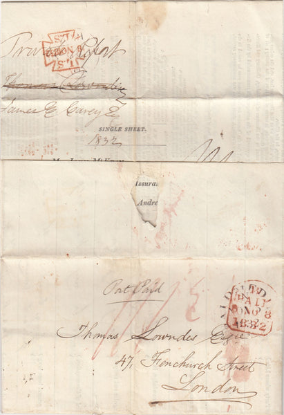 144028 1832 HEALTH QUESTIONNAIRE EDINBURGH TO LONDON, 'TURNED' AND SENT BACK TO EDINBURGH WITH '½' WHEEL TAX HANDSTAMP.