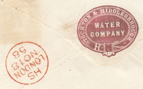 144030 1858 MAIL DARLINGTON TO LONDON 1d  (SG40), REAR FLAP 'WATER COMPANY' EMBOSSING.
