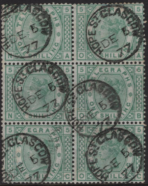 144031 1877 1s GREEN TELEGRAPH PL.5 (T8/L219) FINE TO VERY FINE USED BLOCK OF SIX.