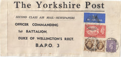 144034 1953 PARCEL LABEL AIRMAIL LEEDS TO 'B.A.P.O. 3' KGVI 3d, 1s x 2, AND FINE 5s RED (SG510).