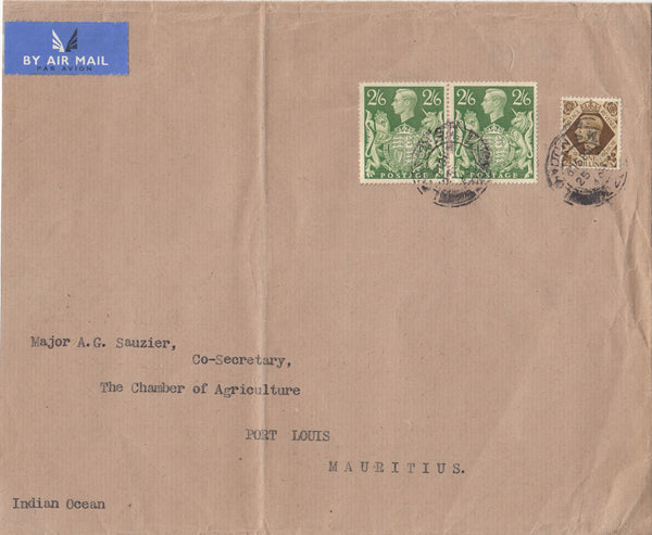 144037 1949 AIRMAIL LONDON TO PORT LOUIS, MAURITIUS, INDIAN OCEAN WITH KGVI 1s AND 2/5 YELLOW-GREEN x 2.