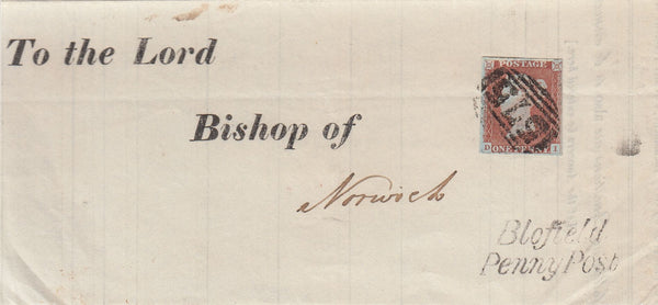 144039 1847 FRONT AND PART FLAP USED IN NORWICH 1d (SG8) 'Blofield/Penny Post' HANDSTAMP (NK45).