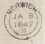144039 1847 FRONT AND PART FLAP USED IN NORWICH 1d (SG8) 'Blofield/Penny Post' HANDSTAMP (NK45).