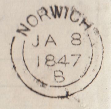 144039 1847 FRONT AND PART FLAP USED IN NORWICH 1d (SG8) 'Blofield/Penny Post' HANDSTAMP (NK45).