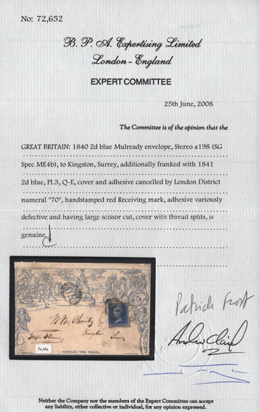 144041 UNDATED 1840 2d MULREADY ENVELOPE LONDON TO KINGSTON, SURREY UPRATED 2d BLUE PL.3 (SG14) TO PAY 1-2oz  4d RATE.