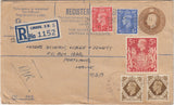 144043 1945 KGVI 5 ½d REGISTERED ENVELOPE LONDON TO MAINE, U.S.A. UPRATED KGVI 1d, 2½d, 1s x 2 AND GOOD 5s RED (SG477).
