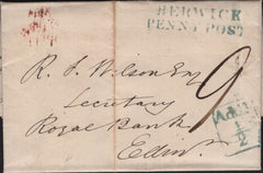 144048 1833 MAIL BROADMEADOWS, BERWICK TO EDINBURGH WITH 'BERWICK/PENNY POST' HANDSTAMP (NR204) AND 'Addt/½' WHEEL TAX HANDSTAMP.