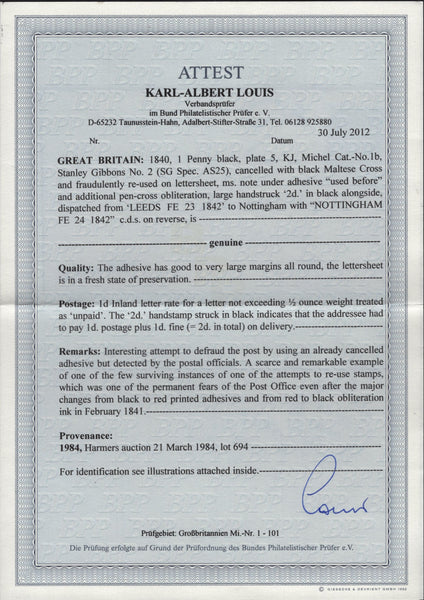 144051 1842 MAIL LEEDS TO NOTTINGHAM WITH ATTEMPTED FRAUDULENT RE-USE 1d BLACK PL.5 (SG2) NOTICED BY POSTAL OFFICIAL AND SURCHARGED '2d'.