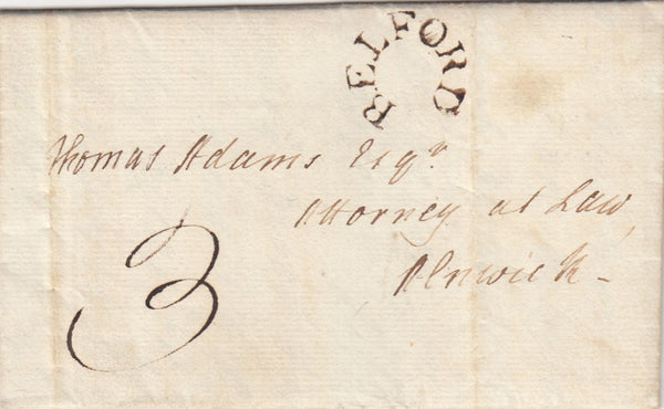 144053 1797 MAIL BELFORD, NORTHUMBERLAND TO ALNWICK 'BELFORD' HORSESHOE STYLE HANDSTAMP (NR79).