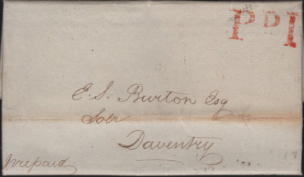 144056 1843 MAIL NORTHAMPTON TO DAVENTRY WITH 'P D1' UNIFORM PENNY POST HANDSTAMP OF NORTHAMPTON (NN153).