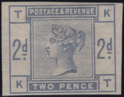 144059 1884 STAMP COMMITTEE DE LA RUE 2d (SG189) IMPERFORATE COLOUR TRIAL IN PURPLE BLUE ON GUMMED WHITE WATERMARKED CROWN PAPER.
