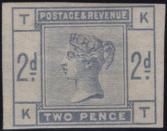 144059 1884 STAMP COMMITTEE DE LA RUE 2d (SG189) IMPERFORATE COLOUR TRIAL IN PURPLE BLUE ON GUMMED WHITE WATERMARKED CROWN PAPER.