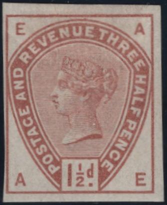 144060 1884 STAMP COMMITTEE DE LA RUE 1½d (SG188) IMPERFORATE COLOUR TRIAL IN ORANGE-BROWN ON GUMMED WHITE WATERMARKED CROWN PAPER.