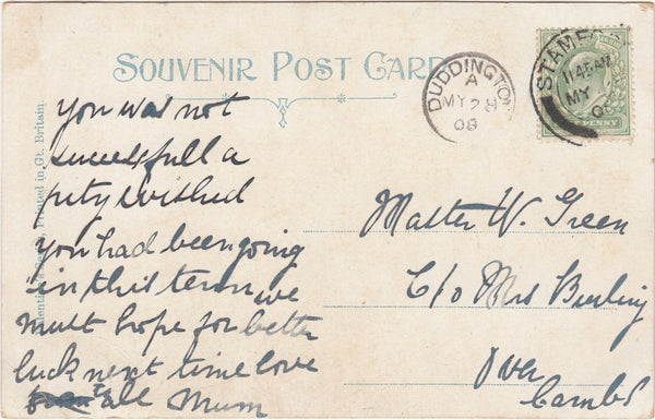 144061 1908 MAIL STAMFORD TO OVER, CAMBS WITH 'DUDDINGTON' DATE STAMP.