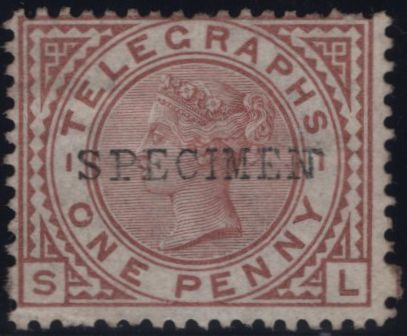 144064 1876 1d  TELEGRAPH RED-BROWN PL.1 'SPECIMEN' TYPE 9 (T1s/L202s) GOOD UNUSED.
