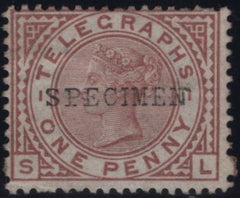 144064 1876 1d  TELEGRAPH RED-BROWN PL.1 'SPECIMEN' TYPE 9 (T1s/L202s) GOOD UNUSED.