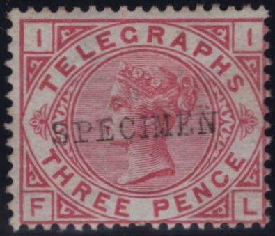 144065 1876 3d TELEGRAPH CARMINE PL.1 'SPECIMEN' TYPE 9 (T3s/L205s) FINE UNUSED.
