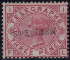 144065 1876 3d TELEGRAPH CARMINE PL.1 'SPECIMEN' TYPE 9 (T3s/L205s) FINE UNUSED.