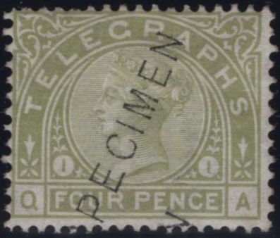 144066 1877 4d TELEGRAPH SAGE-GREEN PL.1 'SPECIMEN' TYPE 11 (T5s/L211s)  GOOD UNUSED.