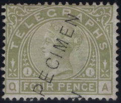 144066 1877 4d TELEGRAPH SAGE-GREEN PL.1 'SPECIMEN' TYPE 11 (T5s/L211s)  GOOD UNUSED.