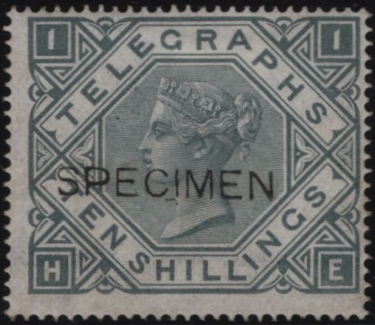 144069 1877 10s TELEGRAPH GREY-GREEN 'SPECIMEN' TYPE 8 (T16s/L235s). GOOD UNUSED.