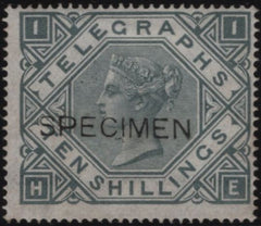 144069 1877 10s TELEGRAPH GREY-GREEN 'SPECIMEN' TYPE 8 (T16s/L235s). GOOD UNUSED.