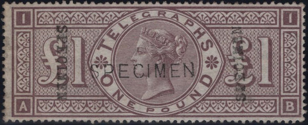 144071 1877 £1 TELEGRAPH BROWN-LILAC OVERPRINTED 'SPECIMEN' TYPE 9 TWICE ALSO 'SPECIMEN' TYPE 11 (T17s/L236s) UNUSED.