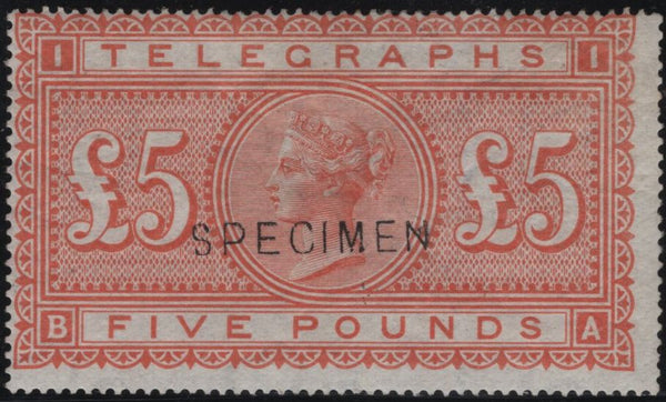 144072 1877 £5 TELEGRAPH ORANGE 'SPECIMEN' TYPE 11 (T18s/L237s) FINE UNUSED.
