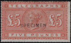 144072 1877 £5 TELEGRAPH ORANGE 'SPECIMEN' TYPE 11 (T18s/L237s) FINE UNUSED.