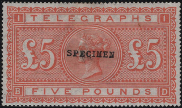144073 1877 £5 TELEGRAPH ORANGE 'SPECIMEN' TYPE 9 (T18s/L237s) GOOD UNUSED.