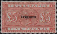 144073 1877 £5 TELEGRAPH ORANGE 'SPECIMEN' TYPE 9 (T18s/L237s) GOOD UNUSED.