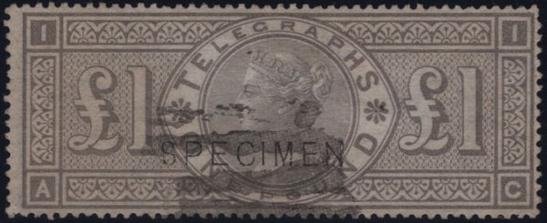 144074 1877 £1 TELEGRAPH BROWN-LILAC OVERPRINTED 'SPECIMEN' TYPE 11 (T17s/L236s) WITH CANCELLATION, UNCERTAIN STATUS.