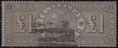 144074 1877 £1 TELEGRAPH BROWN-LILAC OVERPRINTED 'SPECIMEN' TYPE 11 (T17s/L236s) WITH CANCELLATION, UNCERTAIN STATUS.