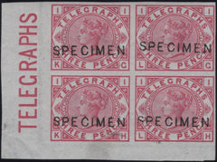 144077 1876 3d TELEGRAPH CARMINE PL.1 IMPERFORATE 'SPECIMEN' TYPE 10 (T3/L205t) UNUSED MARGINAL BLOCK OF FOUR.