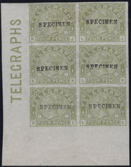 144078 1877 4d TELEGRAPH SAGE-GREEN PL.1 IMPERFORATE 'SPECIMEN' TYPE 9 (T5/L211t) UNUSED MARGINAL BLOCK OF SIX.
