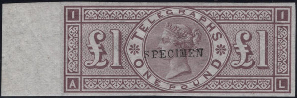 144079 1877 £1 TELEGRAPH BROWN-LILAC IMPERFORATE 'SPECIMEN' TYPE 9 (T17/L236t) UNUSED MARGINAL SINGLE.