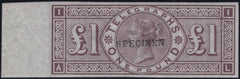 144079 1877 £1 TELEGRAPH BROWN-LILAC IMPERFORATE 'SPECIMEN' TYPE 9 (T17/L236t) UNUSED MARGINAL SINGLE.