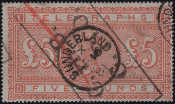144080 1877 £5 TELEGRAPH ORANGE (T18)(DB) FINE USED.