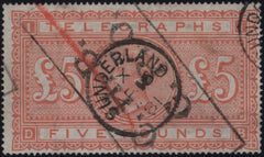 144080 1877 £5 TELEGRAPH ORANGE (T18)(DB) FINE USED.