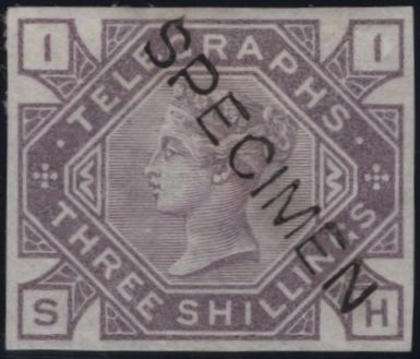 144081 1877 3s TELEGRAPH IMPERF COLOUR TRIAL DULL MAUVE 'SPECIMEN' TYPE 8 (L229).