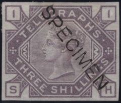 144081 1877 3s TELEGRAPH IMPERF COLOUR TRIAL DULL MAUVE 'SPECIMEN' TYPE 8 (L229).