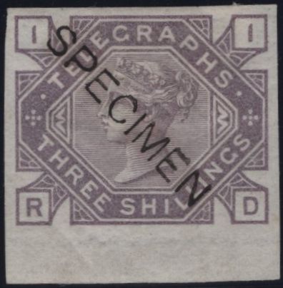 144082 1877 3s TELEGRAPH IMPERF COLOUR TRIAL DULL MAUVE 'SPECIMEN' TYPE 8 (L229).
