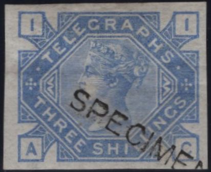 144083 1877 3s TELEGRAPH IMPERF COLOUR TRIAL ULTRAMARINE 'SPECIMEN' TYPE 8 (L229).