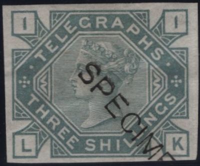144084 1877 3s TELEGRAPH IMPERF COLOUR TRIAL IN GREY-GREEN 'SPECIMEN' TYPE 8 (L229).
